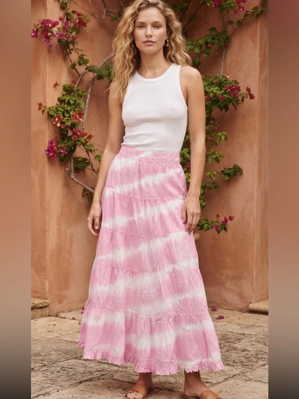 Generation Love Pink and White Tie-Dye Tiered Maxi “Dalia Skirt” - $185